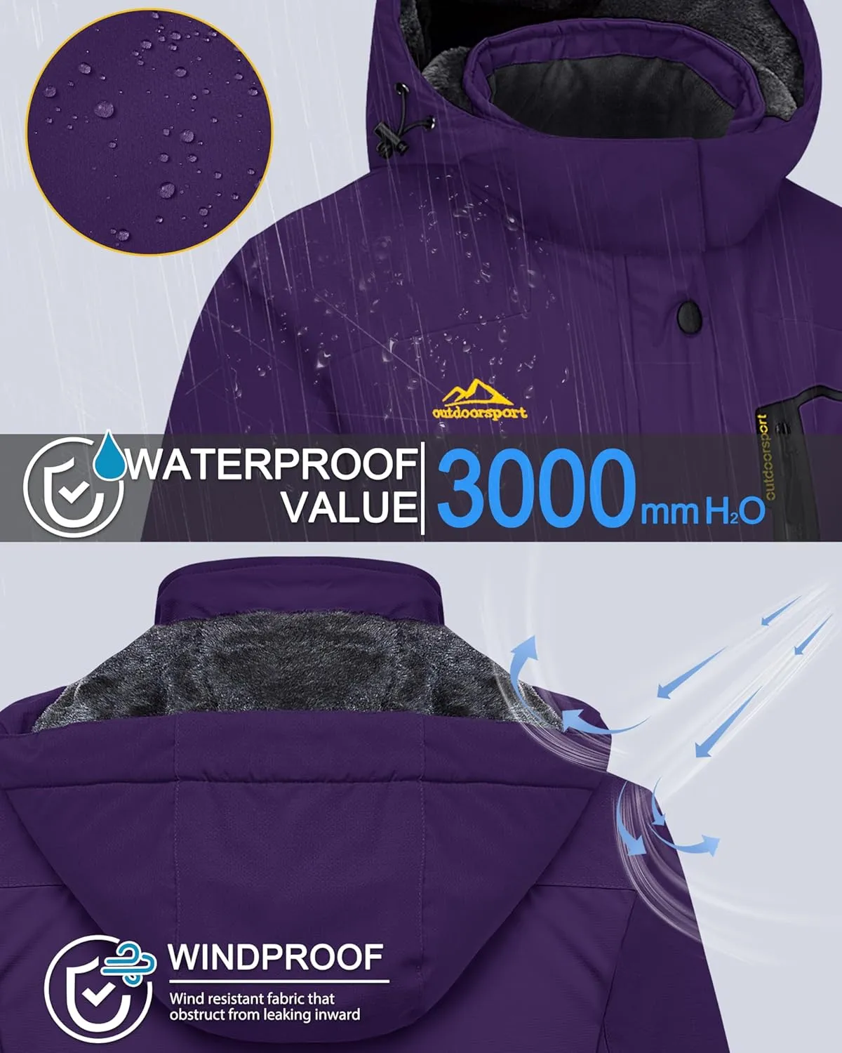 MAGCOMSEN Women's Ski Jacket Waterproof Insulated Snow Jacket Warm Windproof Winter Coats with Hood Fleece Lined Jacket