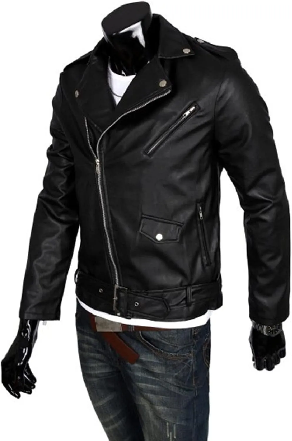 Maiyifu-GJ Mens Faux Leather Biker Jacket Vintage Asymmetric Zip Motorcycle Jackets PU Lightweight Punk Belted Slim Fit Coat