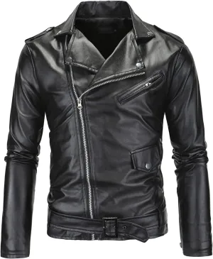 Maiyifu-GJ Mens Faux Leather Biker Jacket Vintage Asymmetric Zip Motorcycle Jackets PU Lightweight Punk Belted Slim Fit Coat