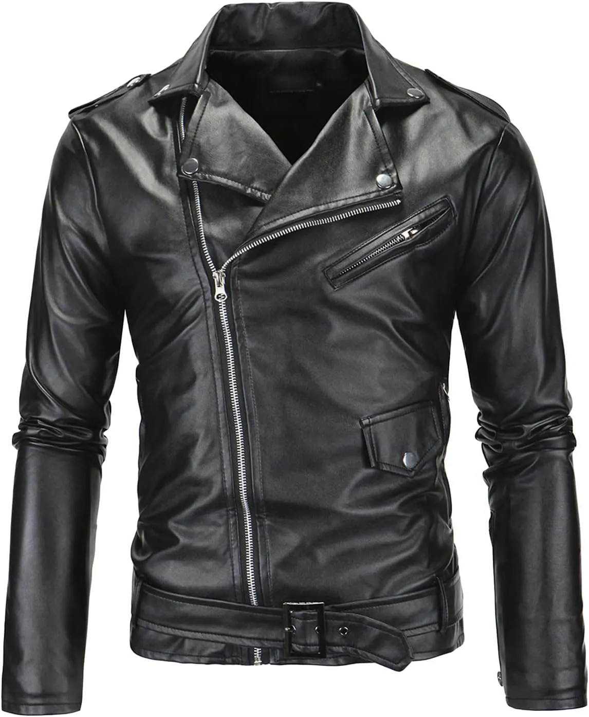Maiyifu-GJ Mens Faux Leather Biker Jacket Vintage Asymmetric Zip Motorcycle Jackets PU Lightweight Punk Belted Slim Fit Coat