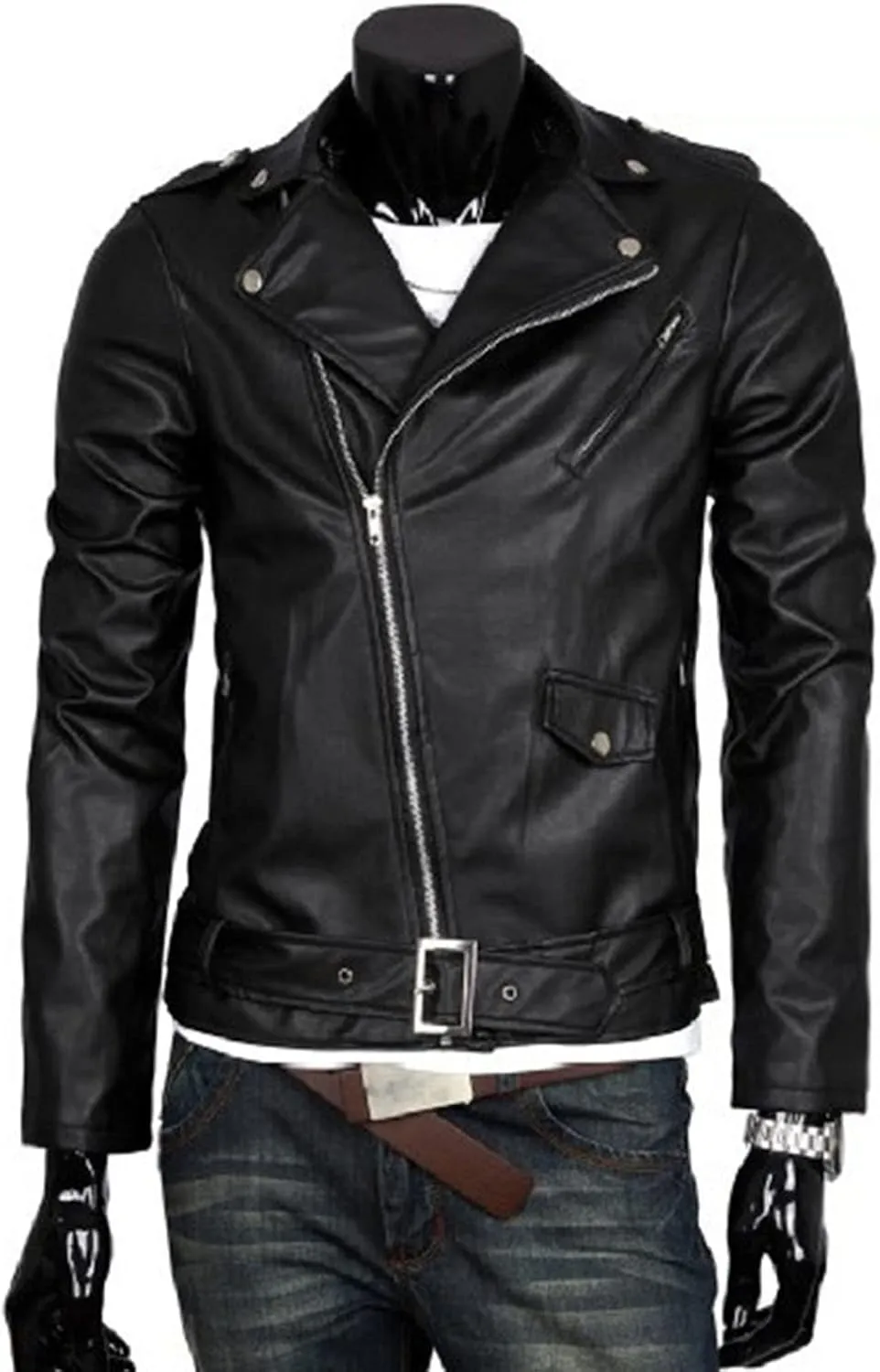 Maiyifu-GJ Mens Faux Leather Biker Jacket Vintage Asymmetric Zip Motorcycle Jackets PU Lightweight Punk Belted Slim Fit Coat