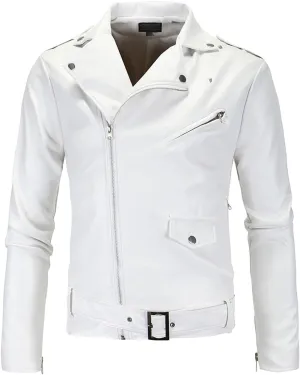 Maiyifu-GJ Mens Faux Leather Biker Jacket Vintage Asymmetric Zip Motorcycle Jackets PU Lightweight Punk Belted Slim Fit Coat