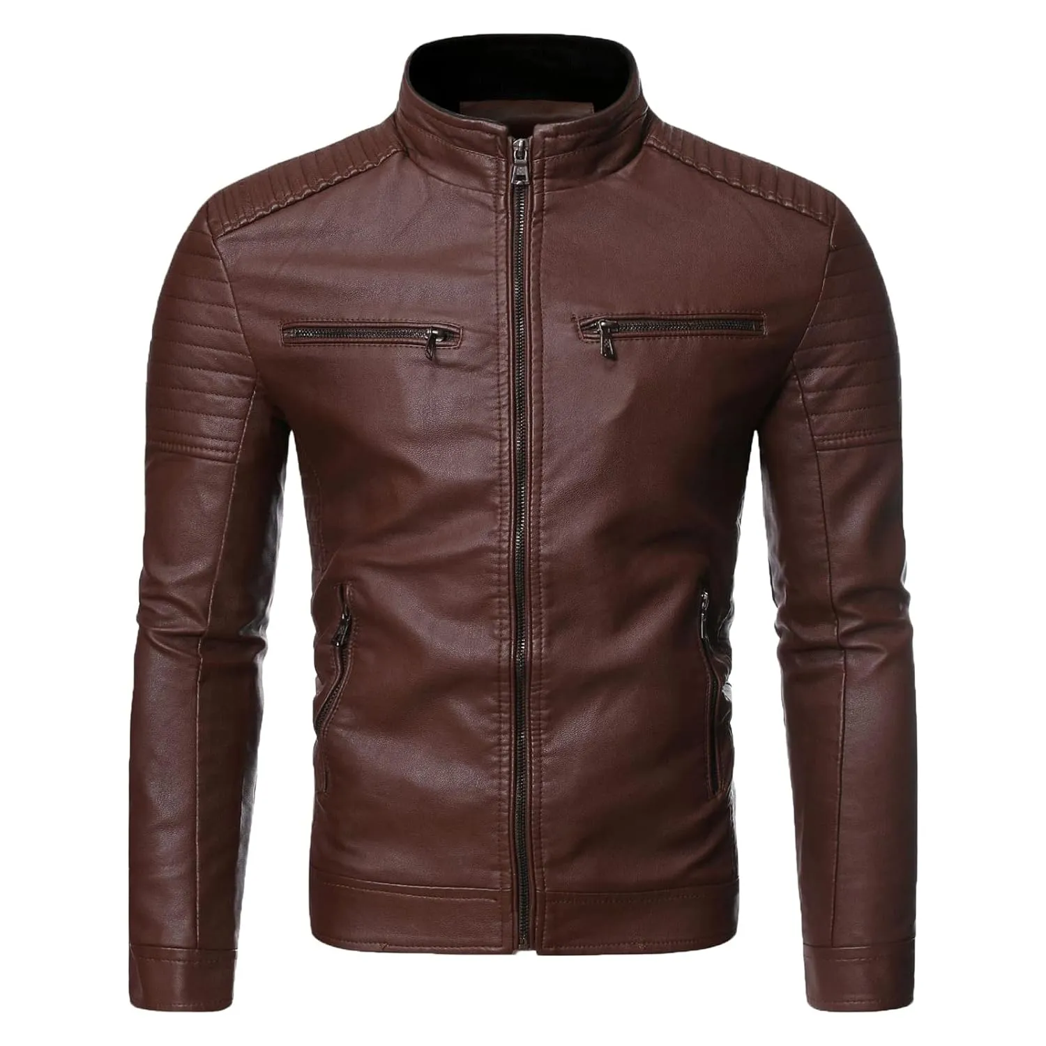 Maiyifu-GJ Men's Stand Collar Faux Leather Jacket Casual Slim Fit Motorcycle Jackets Lightweight Vintage Outwear Coat (Brown,X-Large)