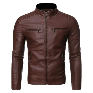 Maiyifu-GJ Men's Stand Collar Faux Leather Jacket Casual Slim Fit Motorcycle Jackets Lightweight Vintage Outwear Coat (Brown,X-Large)