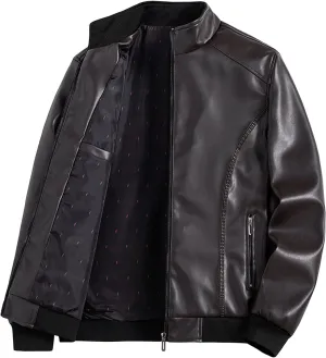 Maiyifu-GJ Men's Stand Collar Leather Jacket Lightweight Faux Leather Motorcycle Jackets Casual Slim Fit Zip Up Biker Coat