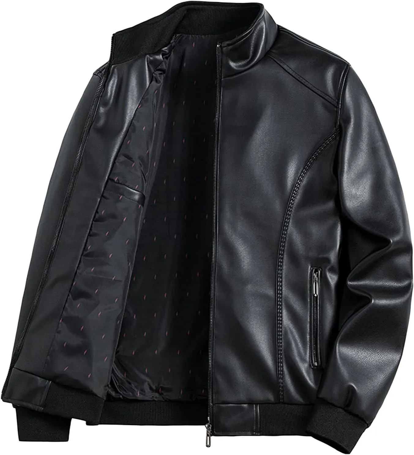 Maiyifu-GJ Men's Stand Collar Leather Jacket Lightweight Faux Leather Motorcycle Jackets Casual Slim Fit Zip Up Biker Coat