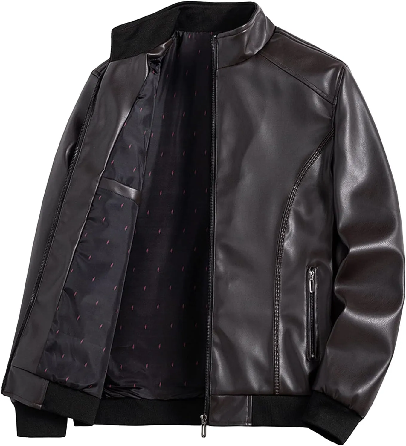 Maiyifu-GJ Men's Stand Collar Leather Jacket Lightweight Faux Leather Motorcycle Jackets Casual Slim Fit Zip Up Biker Coat