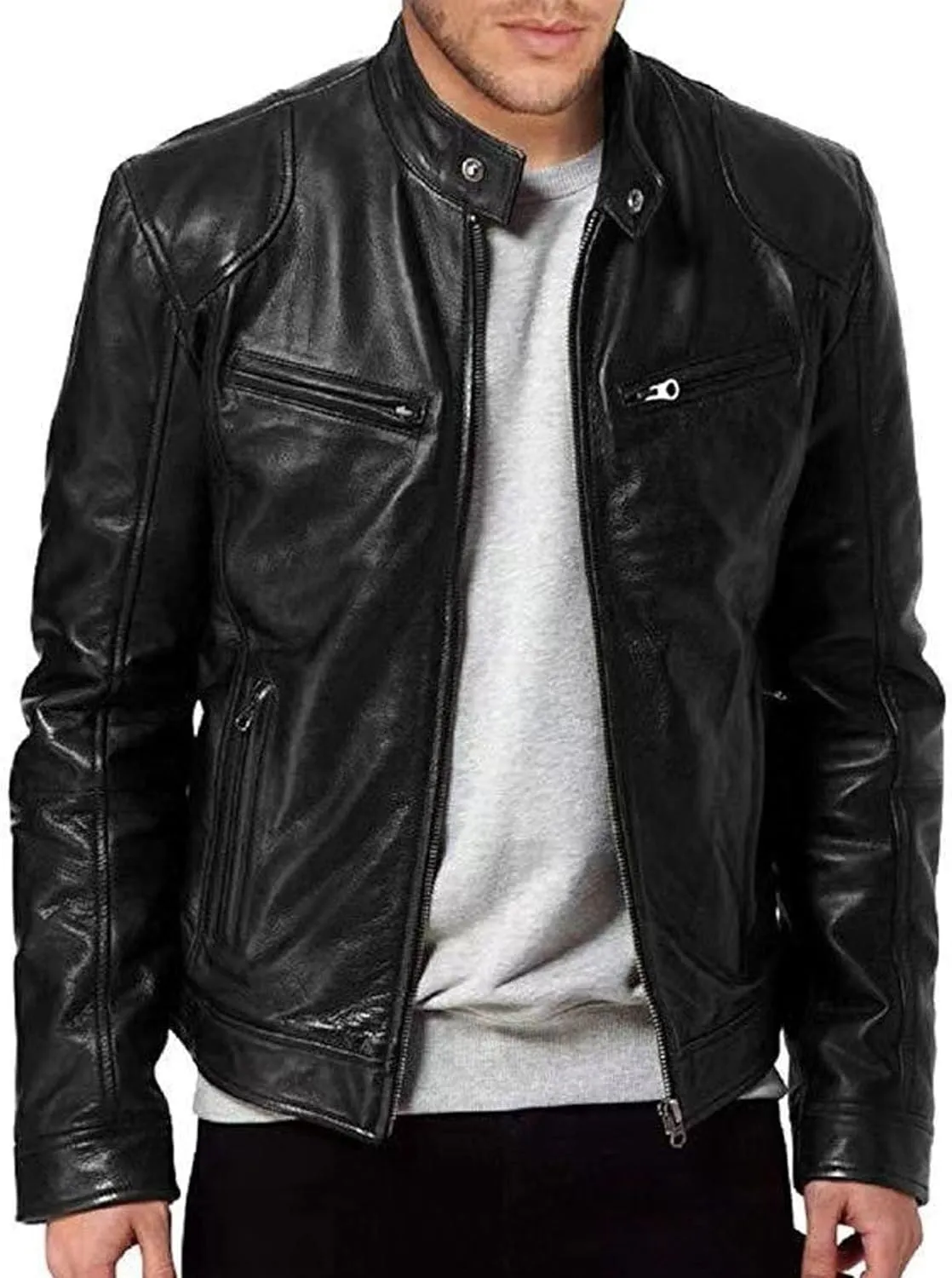 Maiyifu-GJ Men's Vintage Faux Leather Jacket Zip Up Long Sleeve Motorcycle Coat PU Lapel Lightweight Slim Fit Jackets