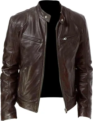 Maiyifu-GJ Men's Vintage Faux Leather Jacket Zip Up Long Sleeve Motorcycle Coat PU Lapel Lightweight Slim Fit Jackets