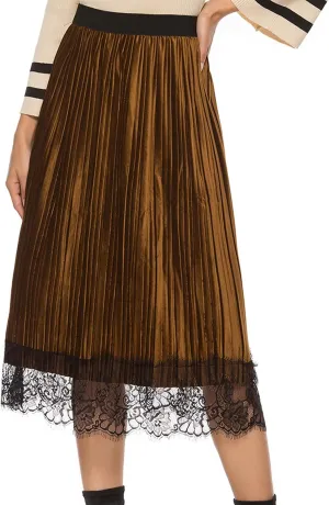 Maketina Womens Lace Trim Midi Pleated Skirts Summer High Waisted A Line Long Skirts 2024