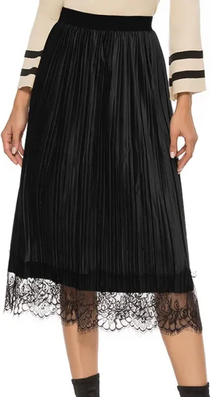 Maketina Womens Lace Trim Midi Pleated Skirts Summer High Waisted A Line Long Skirts 2024