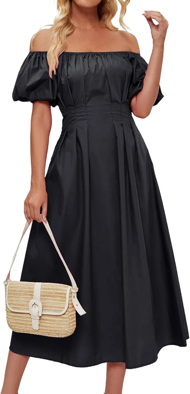 Maxi Dress for Women 2025 Spring Summer Solid Puff Sleeve Dresses Sexy Elegant A-Line Beach Sundresses