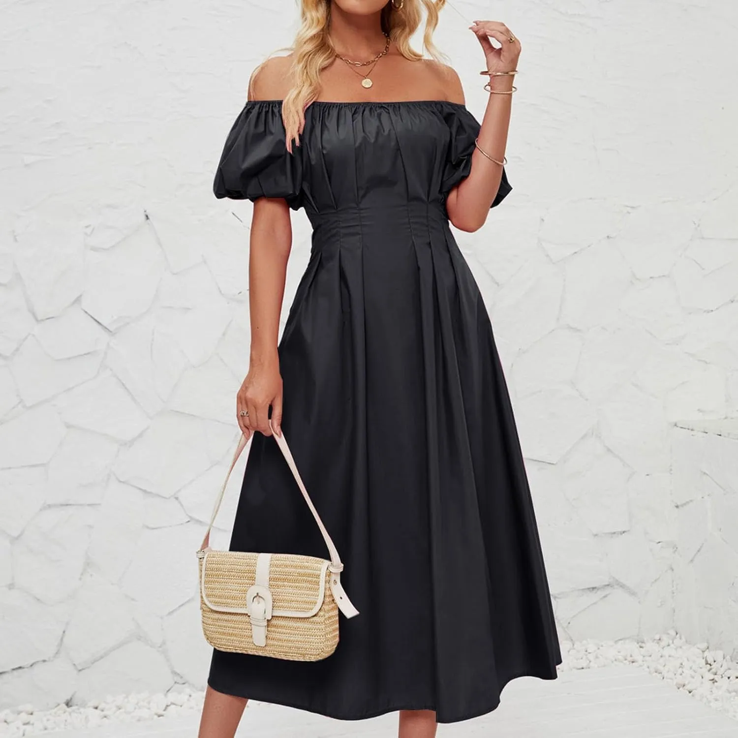 Maxi Dress for Women 2025 Spring Summer Solid Puff Sleeve Dresses Sexy Elegant A-Line Beach Sundresses