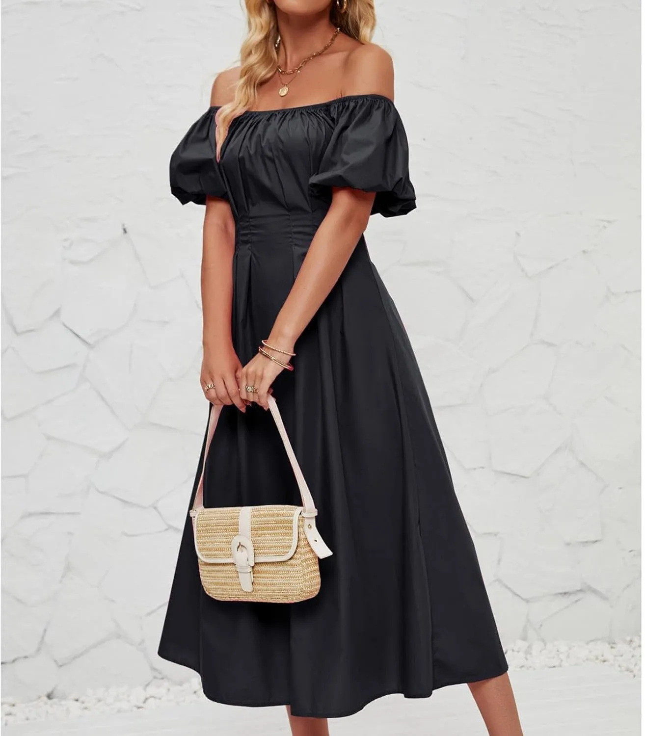 Maxi Dress for Women 2025 Spring Summer Solid Puff Sleeve Dresses Sexy Elegant A-Line Beach Sundresses