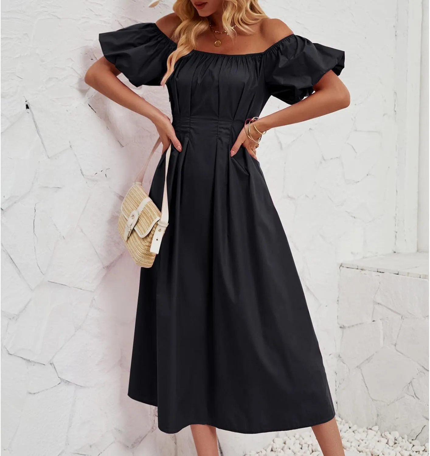 Maxi Dress for Women 2025 Spring Summer Solid Puff Sleeve Dresses Sexy Elegant A-Line Beach Sundresses