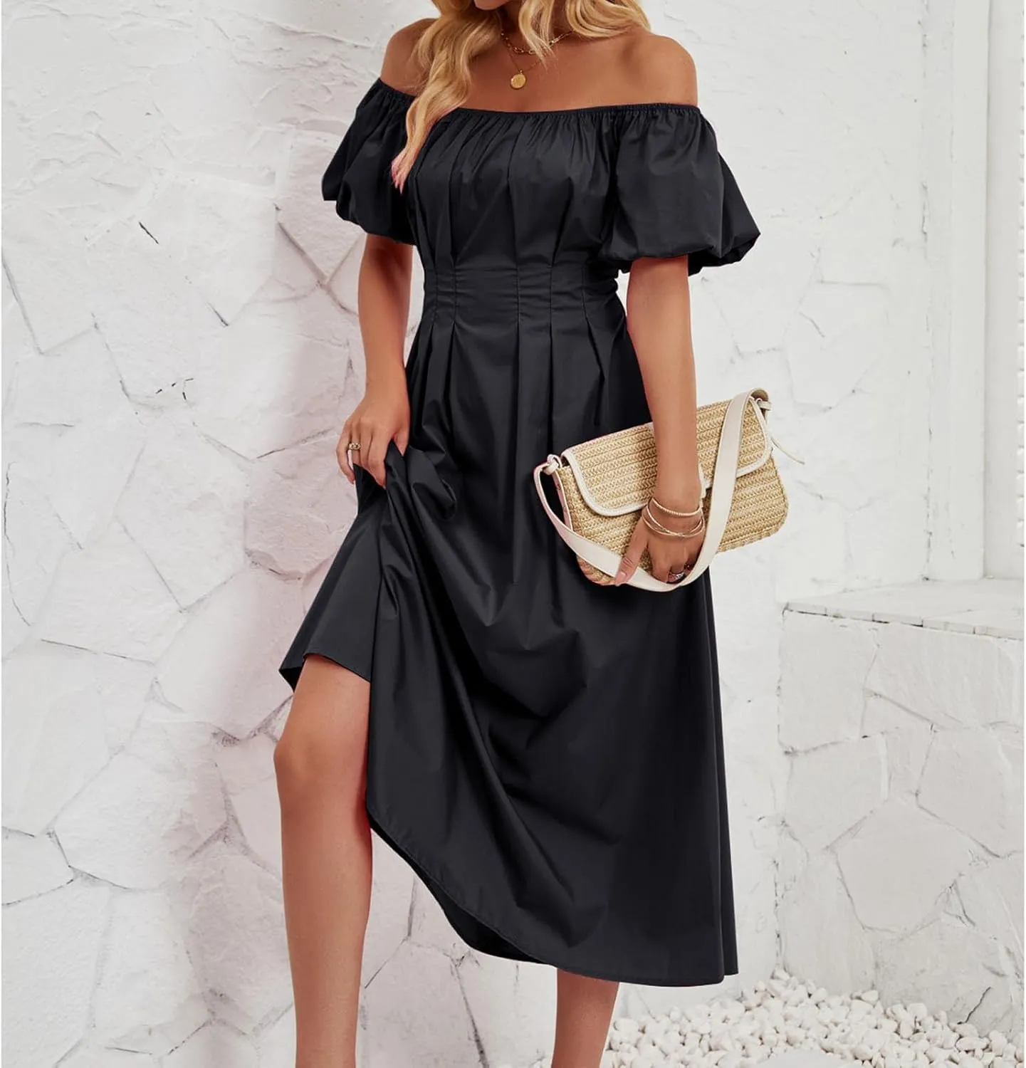Maxi Dress for Women 2025 Spring Summer Solid Puff Sleeve Dresses Sexy Elegant A-Line Beach Sundresses