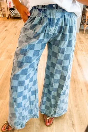 Melliflo Plaid Denim Pants for Women Fashion Checkered Print Wide Leg Jeans Pant Elastic High Waist Lounge Trouser Streetwear
