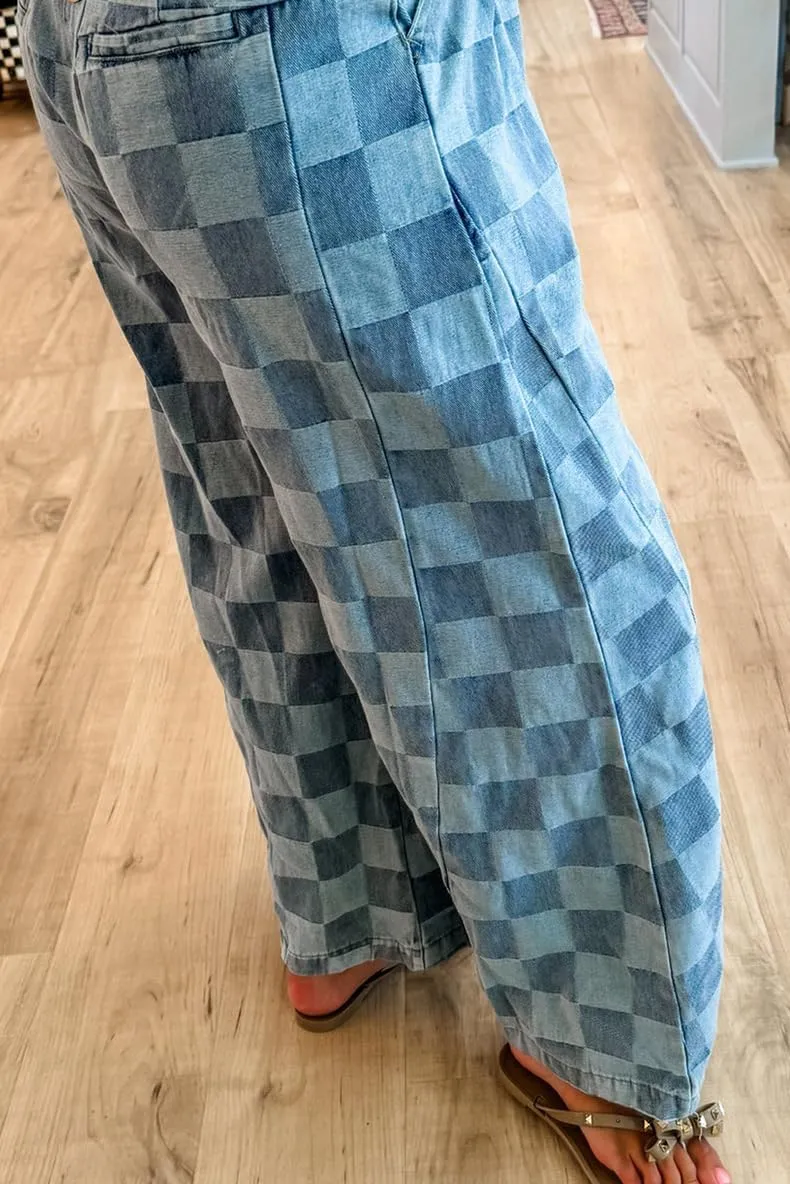 Melliflo Plaid Denim Pants for Women Fashion Checkered Print Wide Leg Jeans Pant Elastic High Waist Lounge Trouser Streetwear