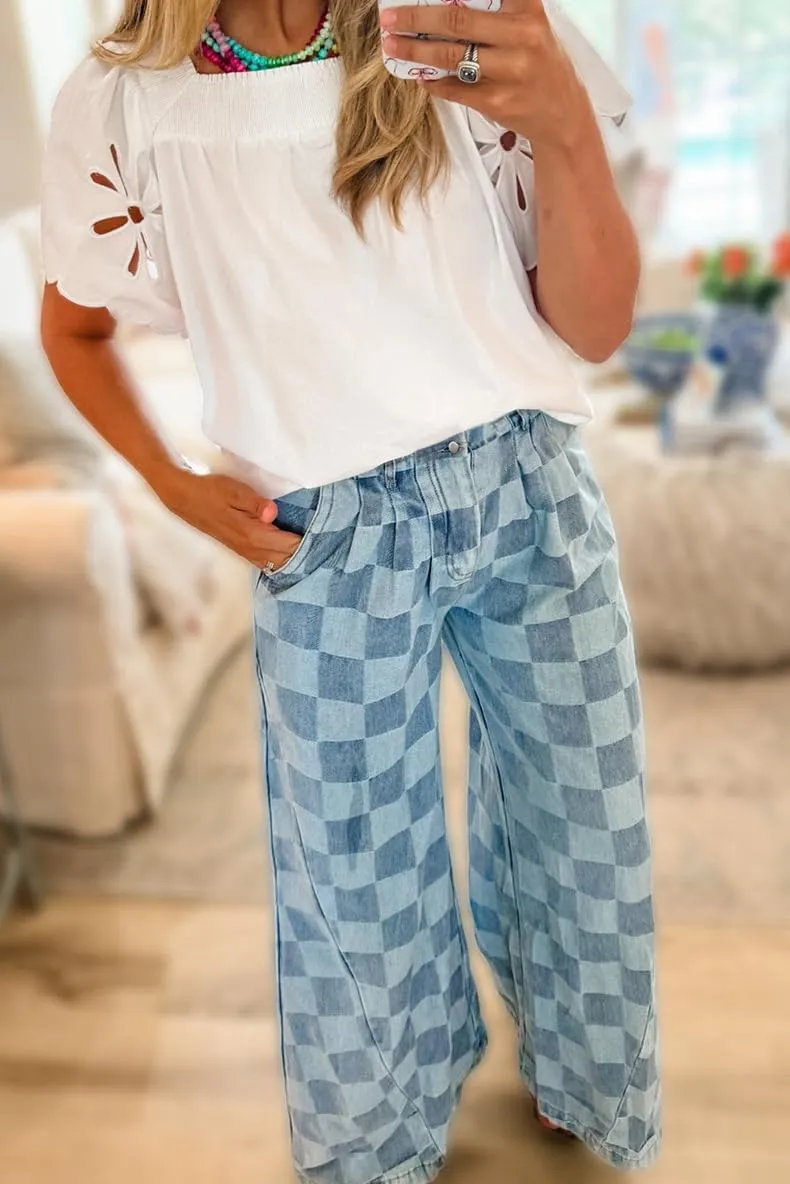 Melliflo Plaid Denim Pants for Women Fashion Checkered Print Wide Leg Jeans Pant Elastic High Waist Lounge Trouser Streetwear