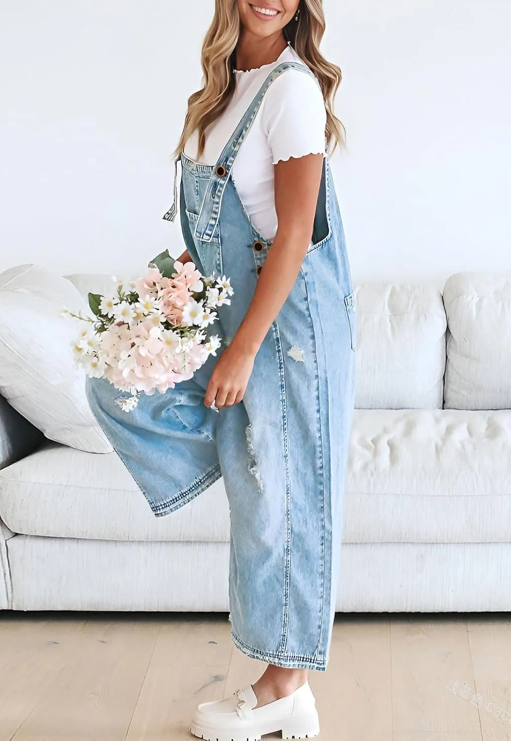 Melliflo Womens Fashion Casual Overalls Loose Fit Adjustable Strap Denim Bib Overall Distressed Wide Leg Jean Romper Jumpsuit