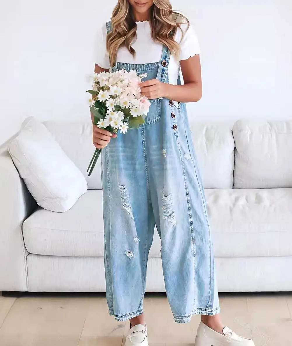 Melliflo Womens Fashion Casual Overalls Loose Fit Adjustable Strap Denim Bib Overall Distressed Wide Leg Jean Romper Jumpsuit