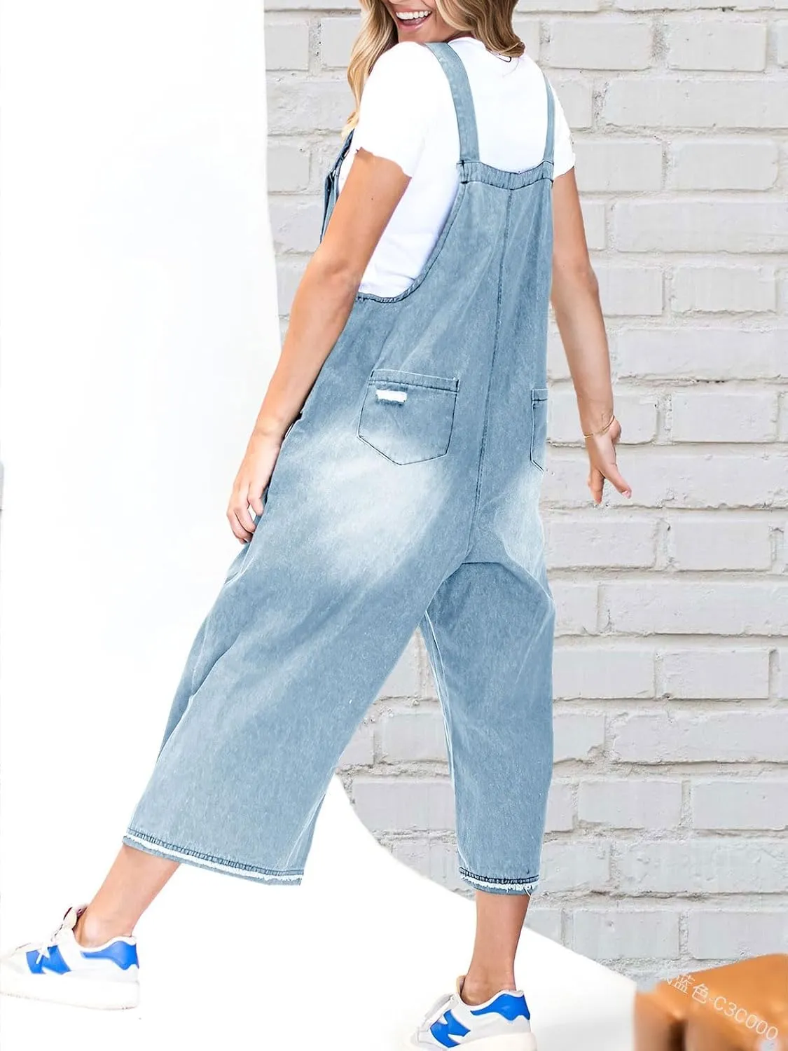 Melliflo Womens Fashion Casual Overalls Loose Fit Adjustable Strap Denim Bib Overall Distressed Wide Leg Jean Romper Jumpsuit