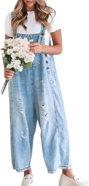 Melliflo Womens Fashion Casual Overalls Loose Fit Adjustable Strap Denim Bib Overall Distressed Wide Leg Jean Romper Jumpsuit