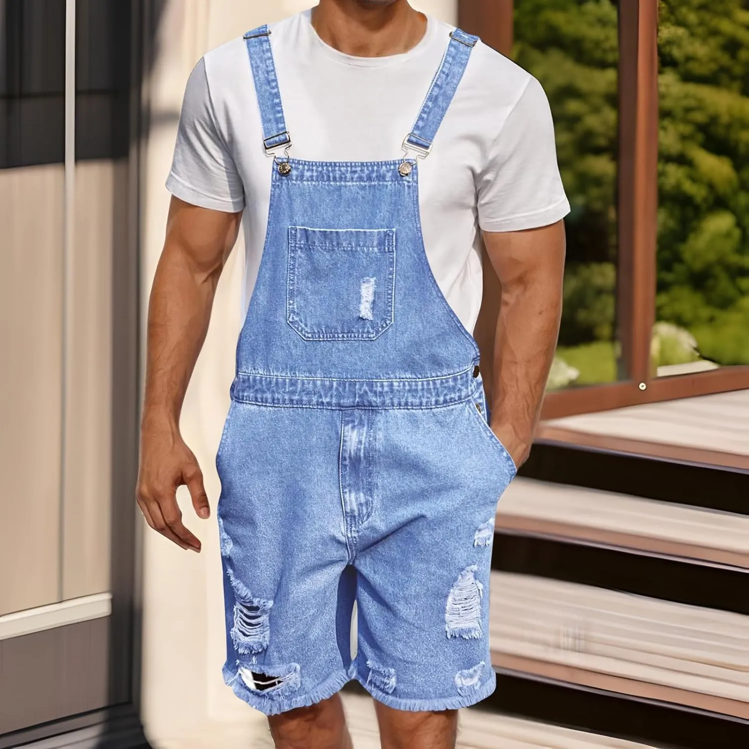 Men Denim Bib Overalls Classic Sleeveless Ripped Jean Shorts Jumpsuit Adjustable Straps Workwear Jumpsuit