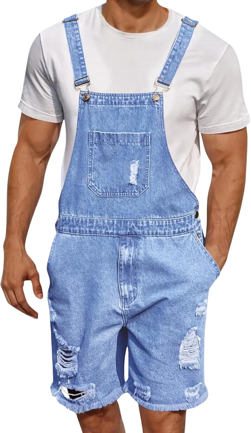 Men Denim Bib Overalls Classic Sleeveless Ripped Jean Shorts Jumpsuit Adjustable Straps Workwear Jumpsuit