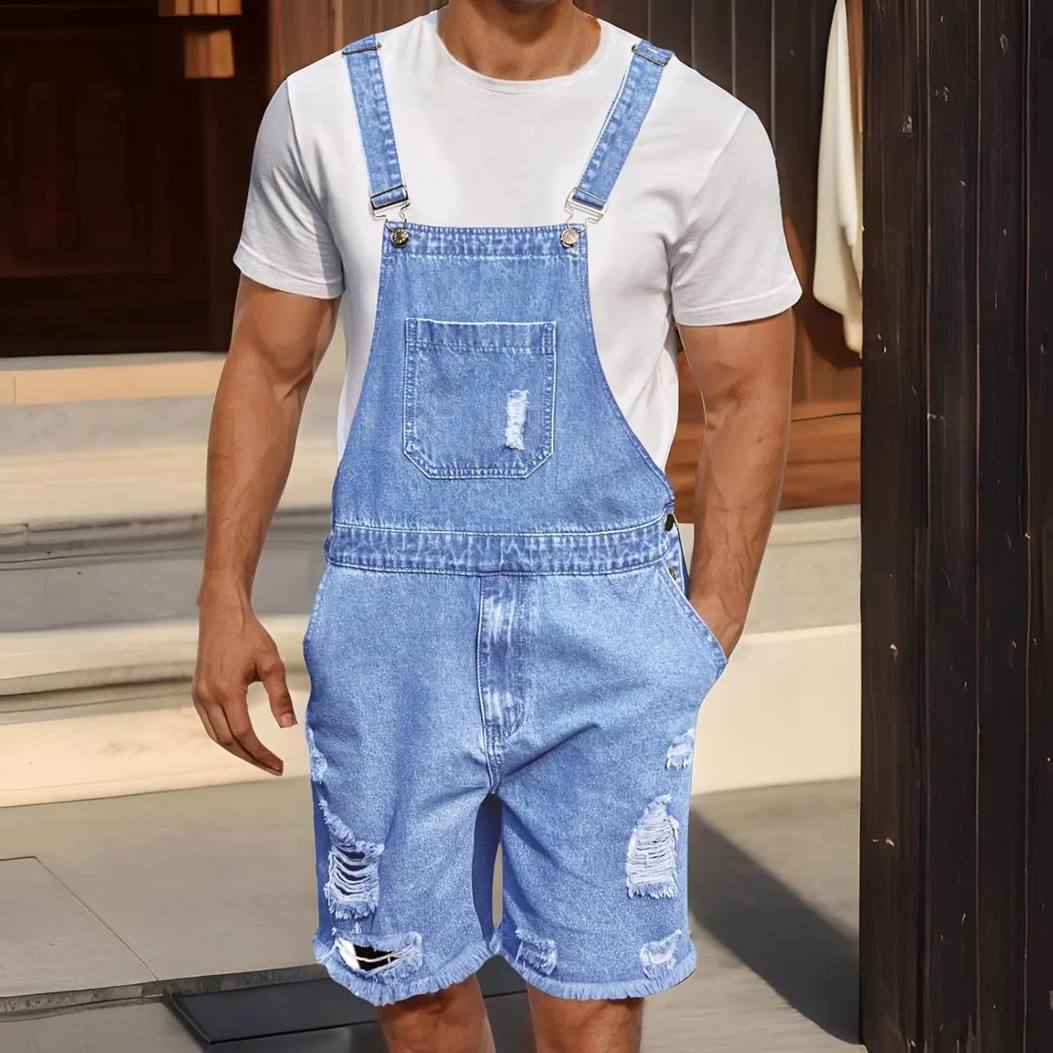 Men Denim Bib Overalls Classic Sleeveless Ripped Jean Shorts Jumpsuit Adjustable Straps Workwear Jumpsuit