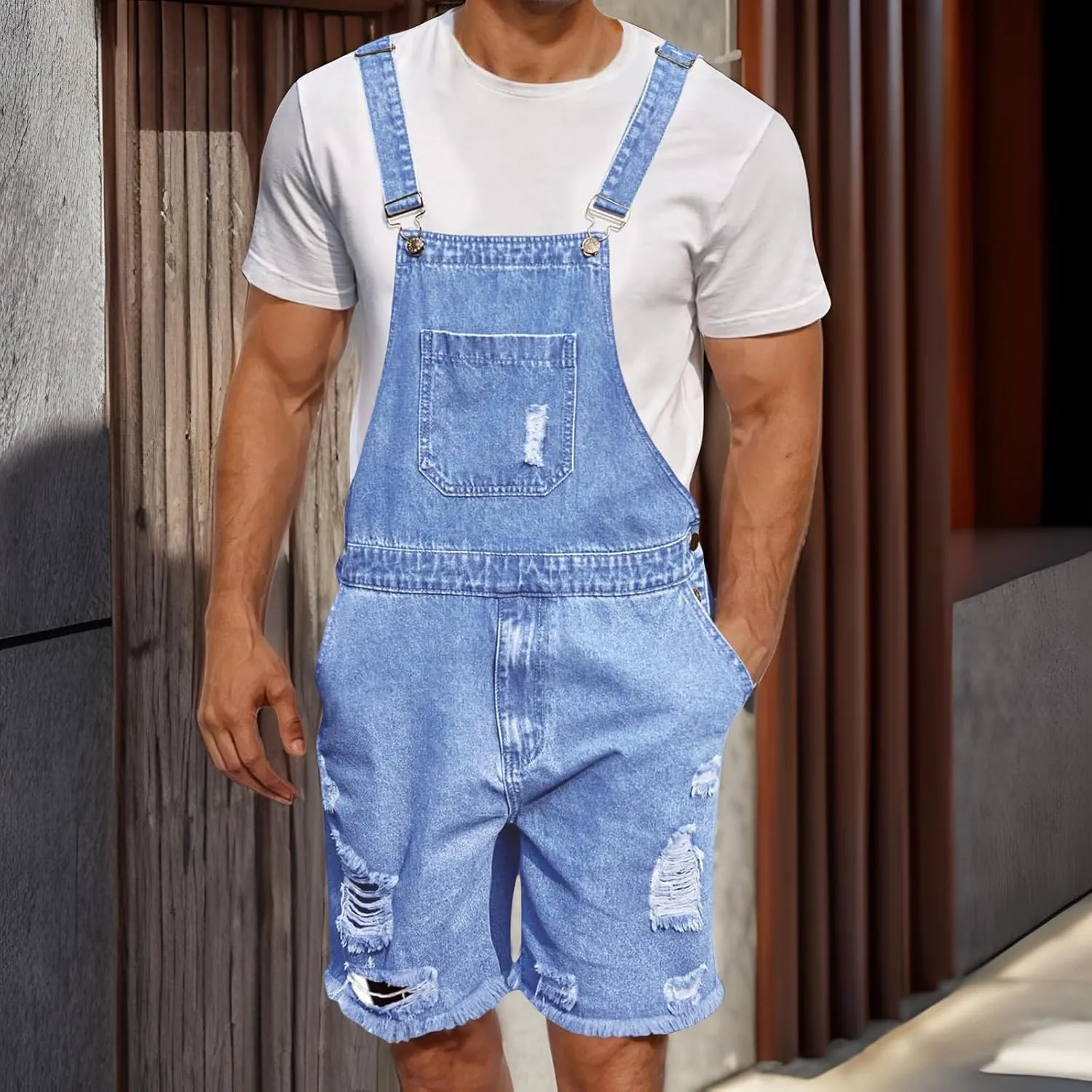 Men Denim Bib Overalls Classic Sleeveless Ripped Jean Shorts Jumpsuit Adjustable Straps Workwear Jumpsuit