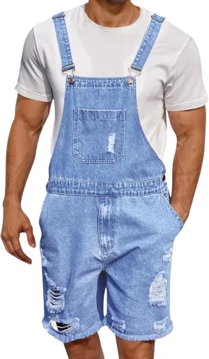 Men Denim Bib Overalls Classic Sleeveless Ripped Jean Shorts Jumpsuit Adjustable Straps Workwear Jumpsuit