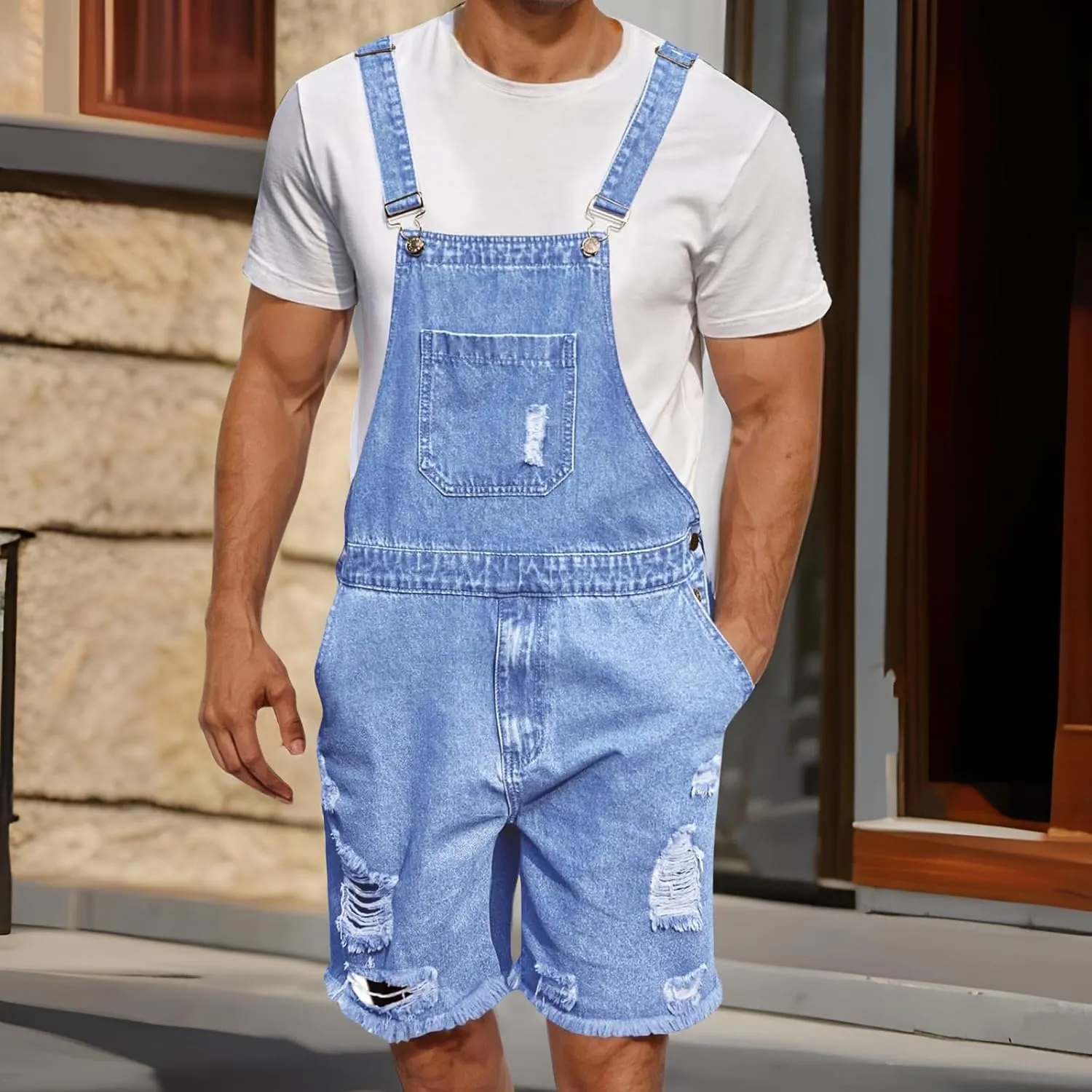 Men Denim Bib Overalls Classic Sleeveless Ripped Jean Shorts Jumpsuit Adjustable Straps Workwear Jumpsuit