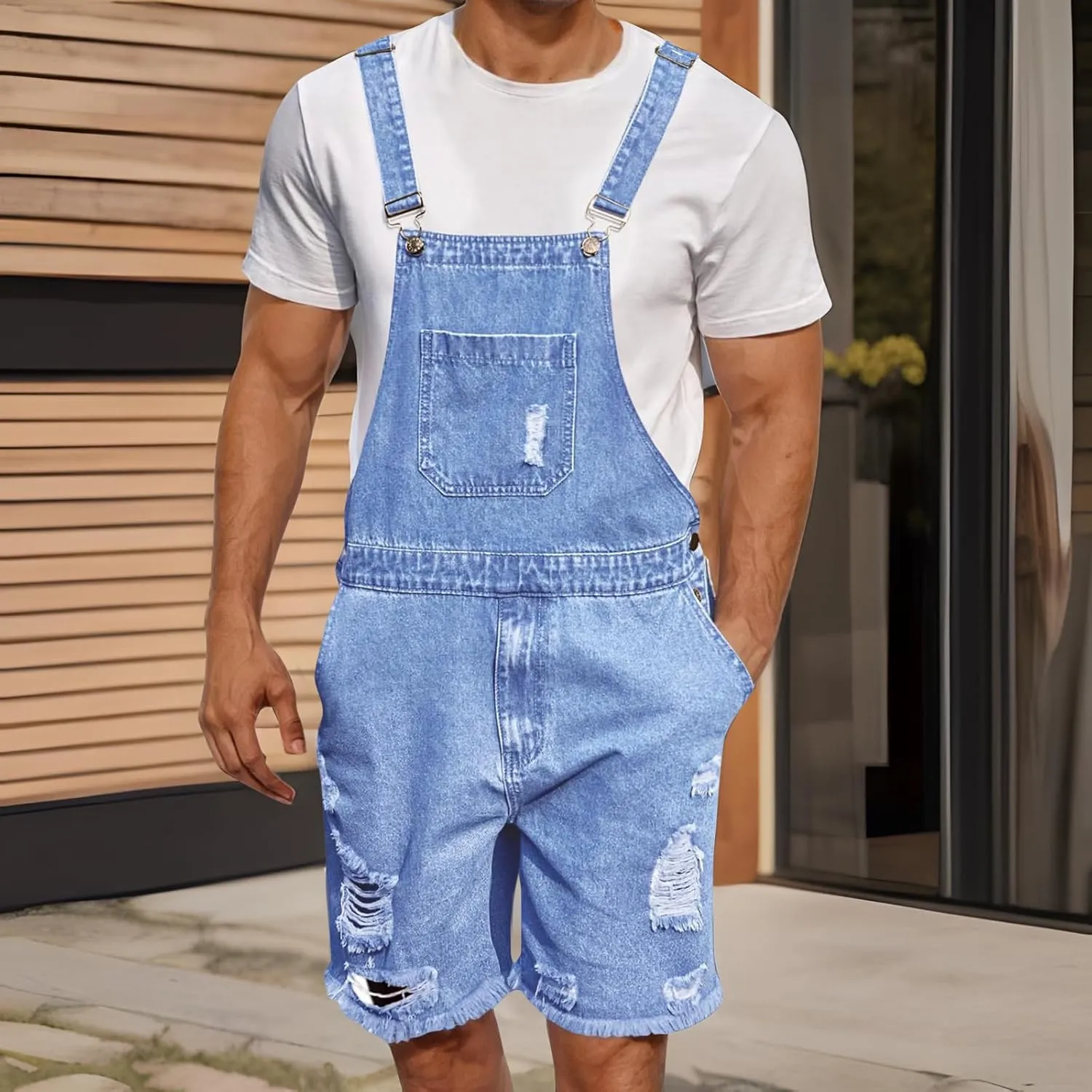 Men Denim Bib Overalls Classic Sleeveless Ripped Jean Shorts Jumpsuit Adjustable Straps Workwear Jumpsuit