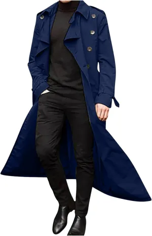 Men Double Breasted Classic Coats, Business Office Notch Lapel Long Trench Coat, Fall Casual Lightweight Pea Coats