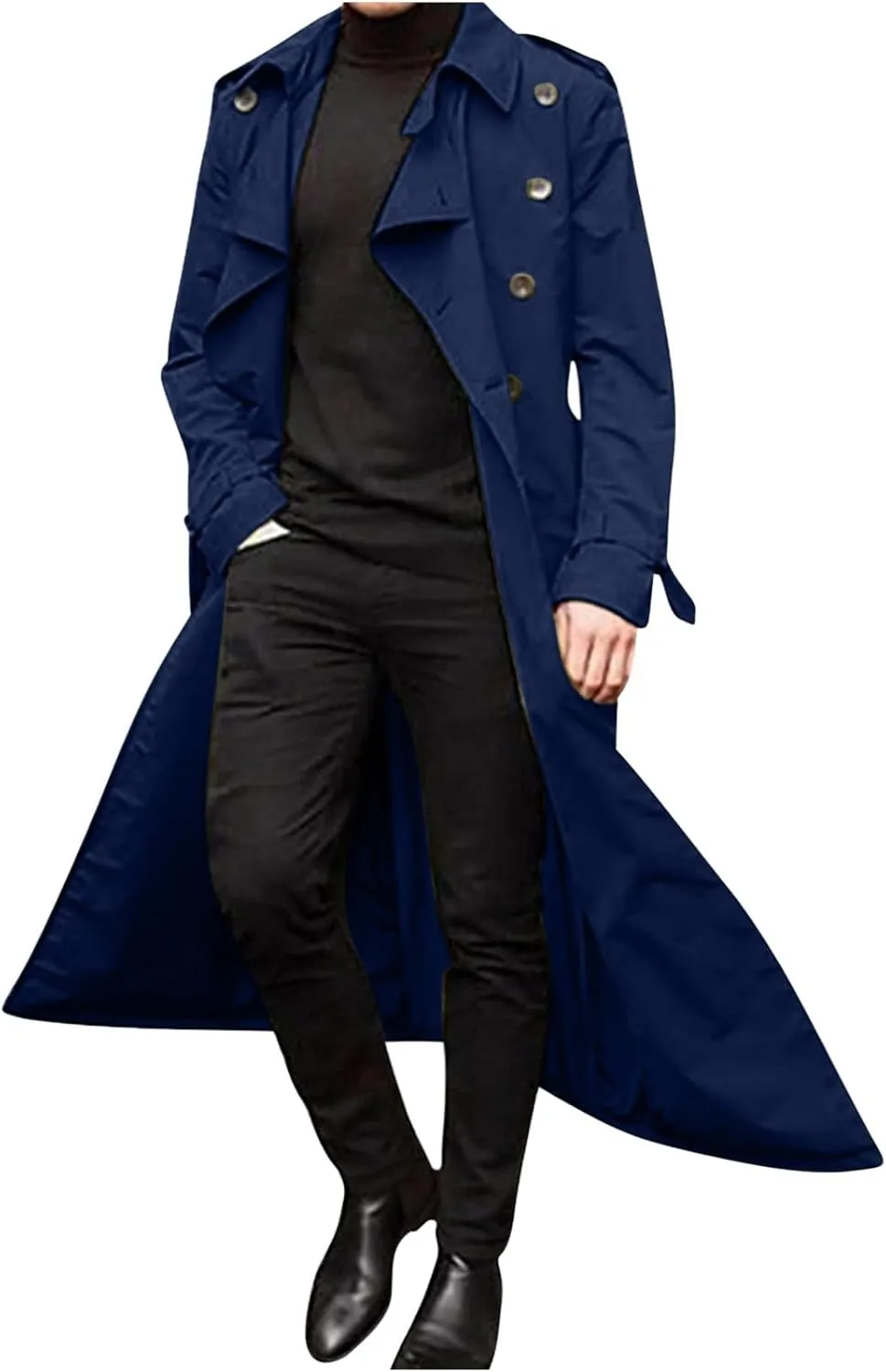 Men Double Breasted Classic Coats, Business Office Notch Lapel Long Trench Coat, Fall Casual Lightweight Pea Coats