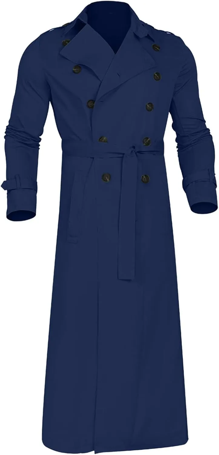 Men Double Breasted Classic Coats, Business Office Notch Lapel Long Trench Coat, Fall Casual Lightweight Pea Coats