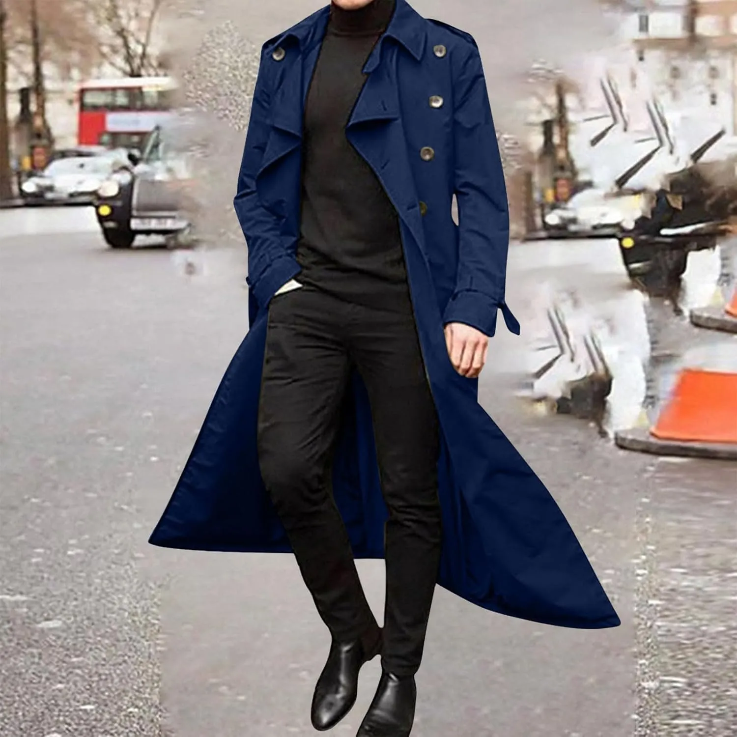 Men Double Breasted Classic Coats, Business Office Notch Lapel Long Trench Coat, Fall Casual Lightweight Pea Coats