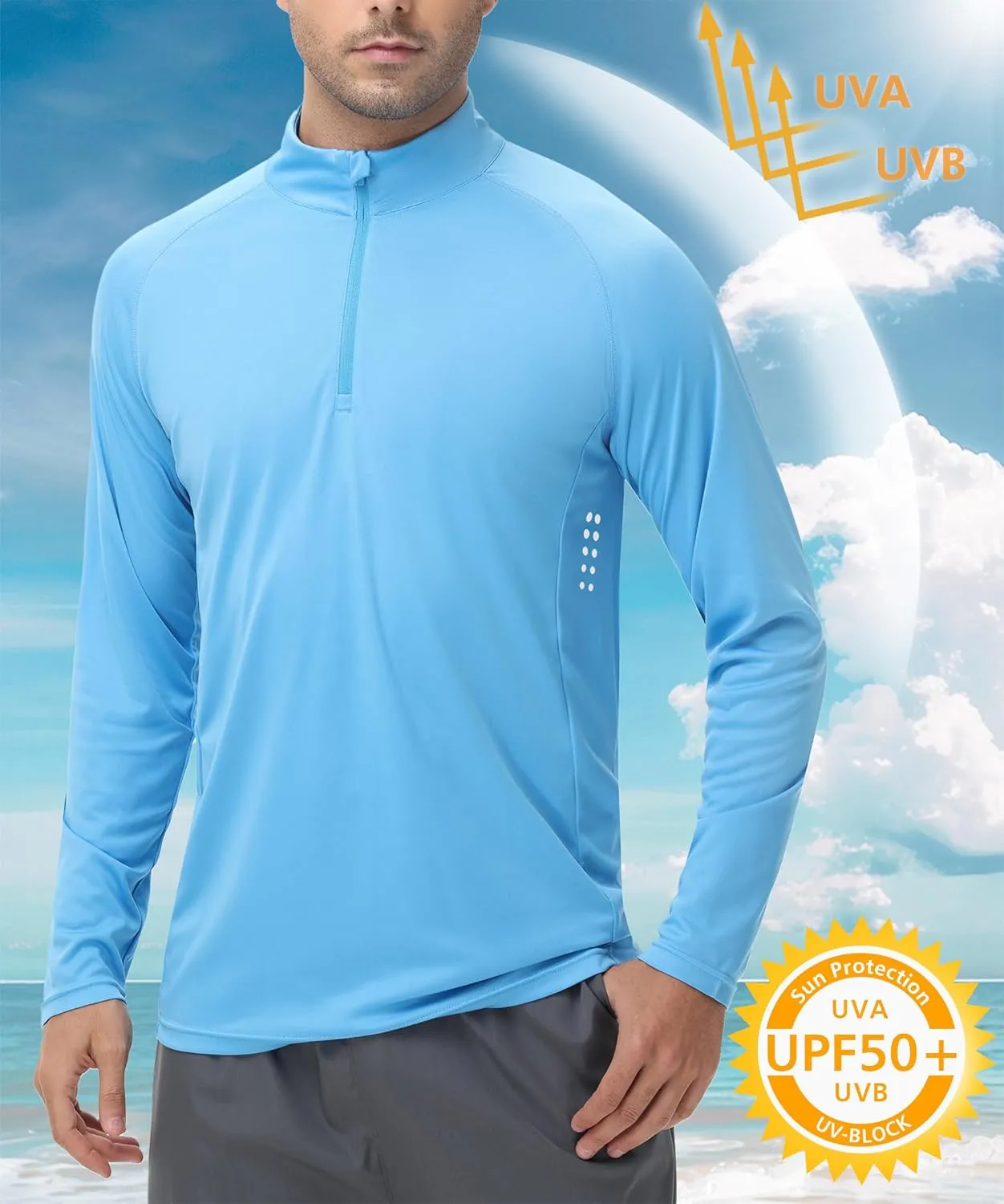 Men's 1/4 Zip Long Sleeve Sun Shirts UPF 50  Rash Guard Shirt Quick Dry Fishing Running Outdoor Shirts