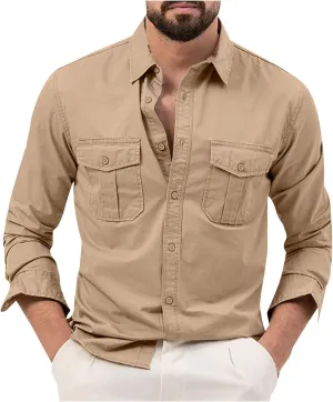 Men's Button Down Shirt Long Sleeve Military Casual Style Cargo Tactical Work Shirt Breathable Hiking Fishing Shirts