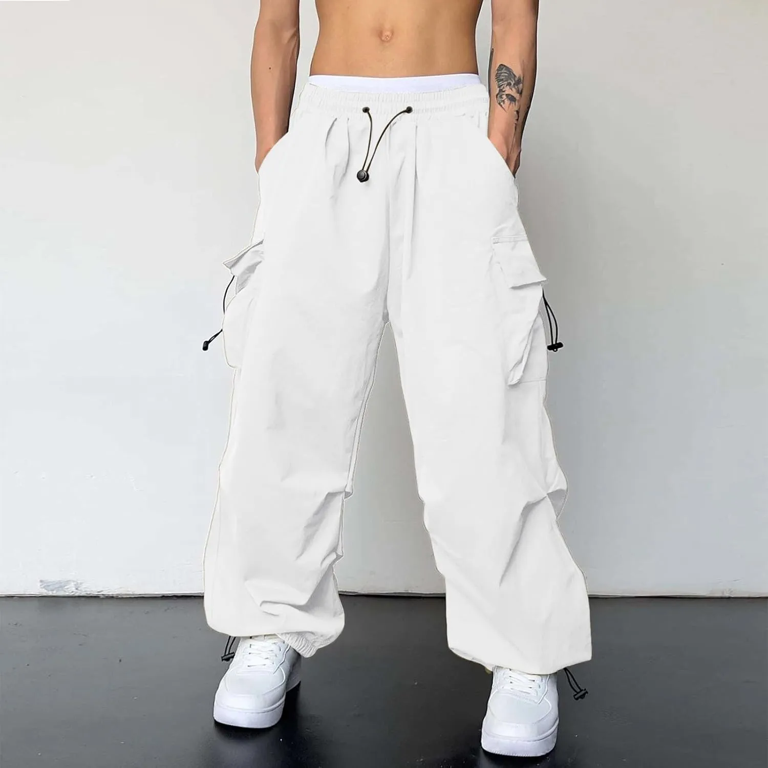 Mens Cargo Casual Pants Drawstring Loose Fit Athletic Jogger Sports Elastic Waist Outdoor Trousers Parachute Pant