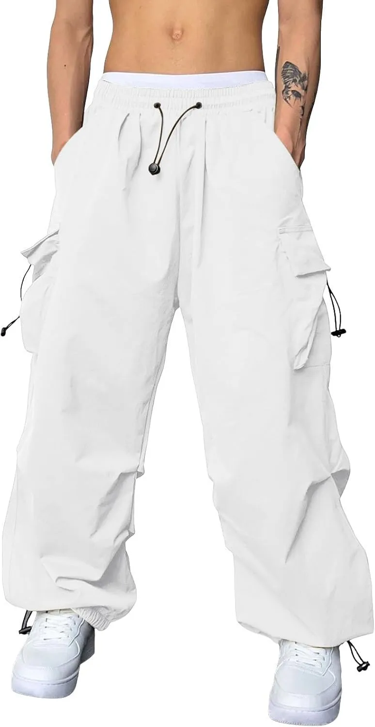 Mens Cargo Casual Pants Drawstring Loose Fit Athletic Jogger Sports Elastic Waist Outdoor Trousers Parachute Pant