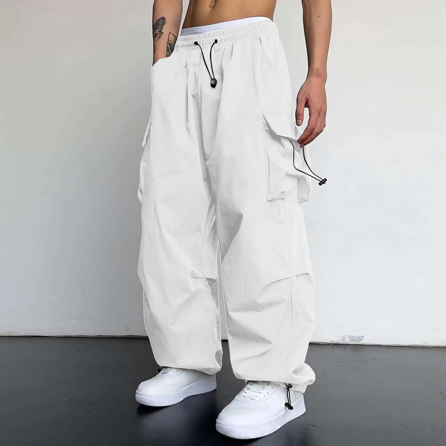 Mens Cargo Casual Pants Drawstring Loose Fit Athletic Jogger Sports Elastic Waist Outdoor Trousers Parachute Pant