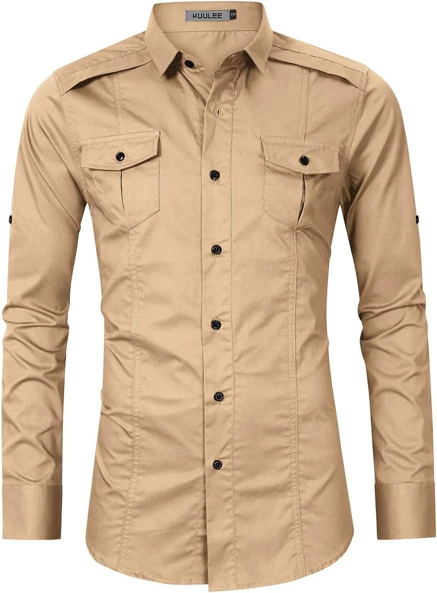 Men's Cargo Long Sleeve Shirt Military Casual Slim Fit Long Sleeve Shirts Tops