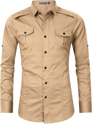 Men's Cargo Long Sleeve Shirt Military Casual Slim Fit Long Sleeve Shirts Tops