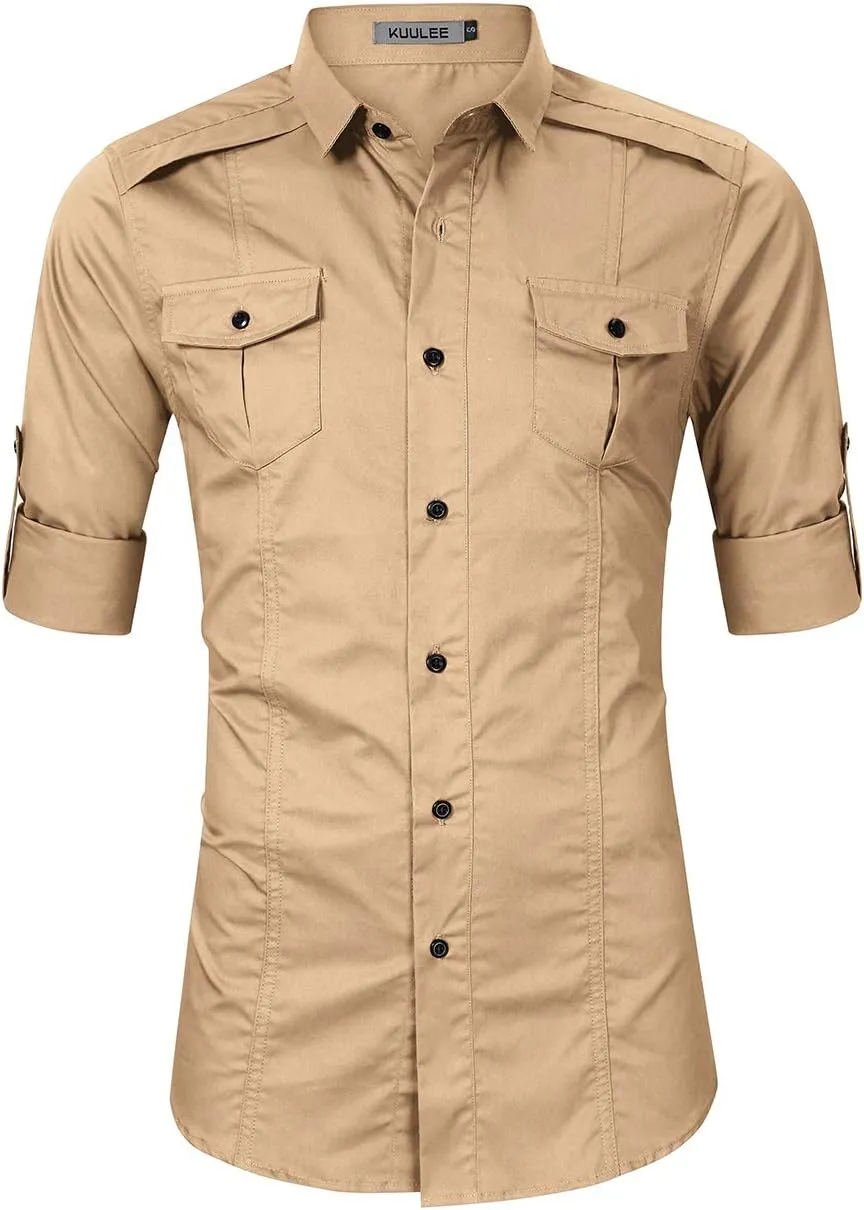 Men's Cargo Long Sleeve Shirt Military Casual Slim Fit Long Sleeve Shirts Tops