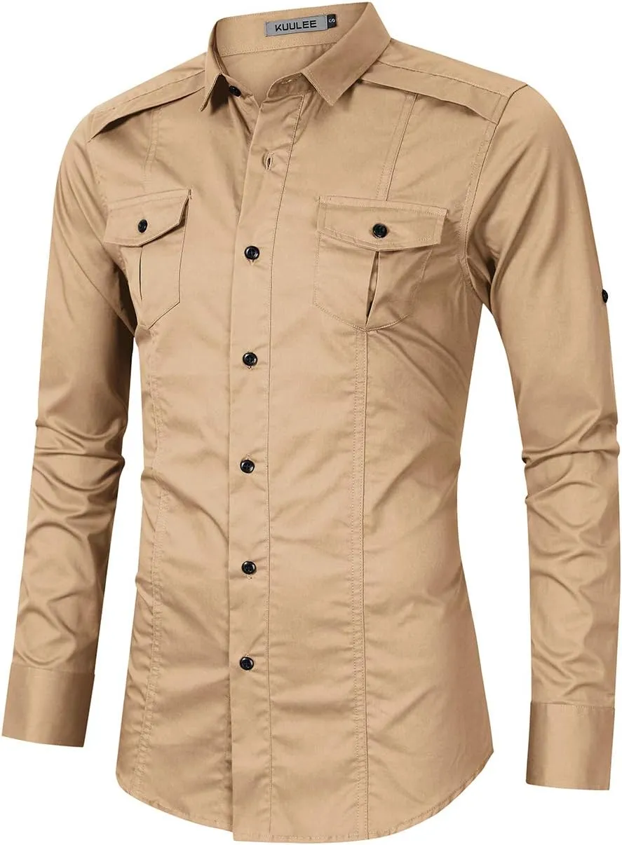Men's Cargo Long Sleeve Shirt Military Casual Slim Fit Long Sleeve Shirts Tops