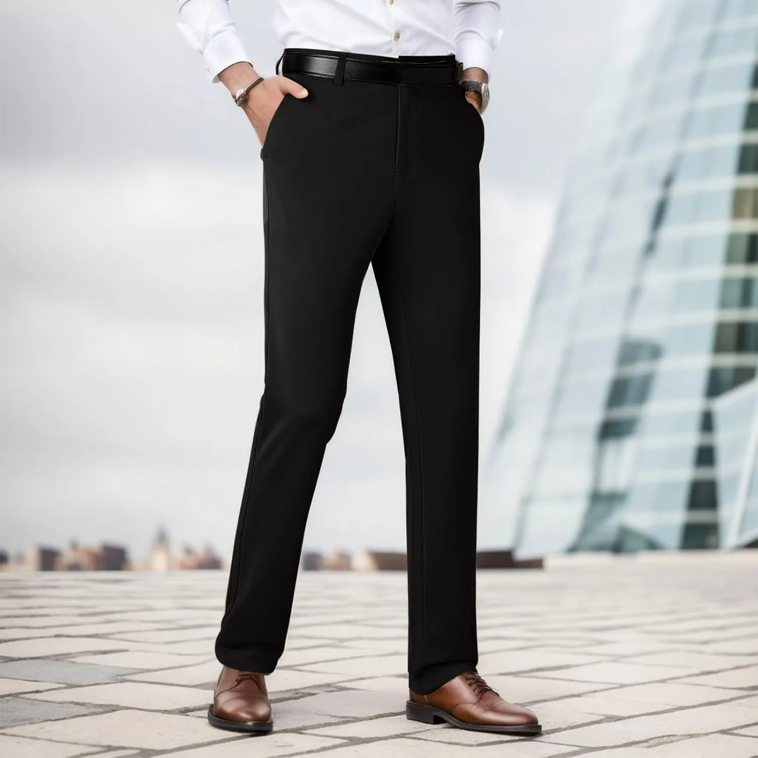 Mens Casual Pants Relaxed Fit Stretch Waist Solid Lounge Dress Pants Straight Leg Plus Size Lightweight Business Work Pants