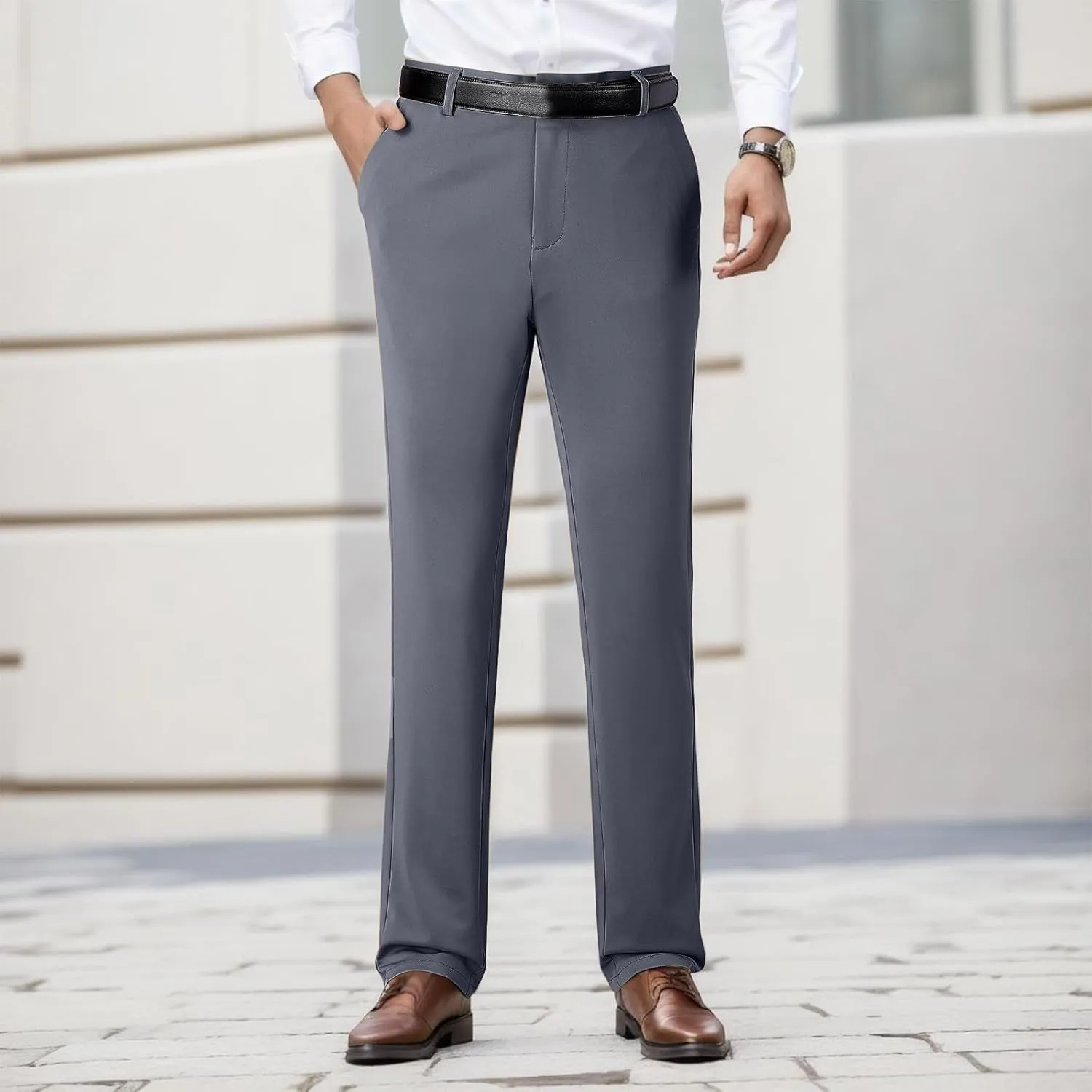 Mens Casual Pants Relaxed Fit Stretch Waist Solid Lounge Dress Pants Straight Leg Plus Size Lightweight Business Work Pants