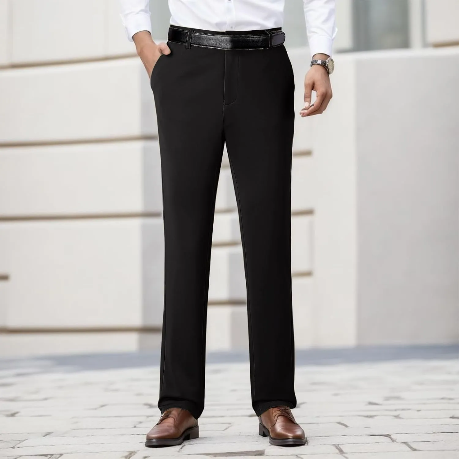 Mens Casual Pants Relaxed Fit Stretch Waist Solid Lounge Dress Pants Straight Leg Plus Size Lightweight Business Work Pants